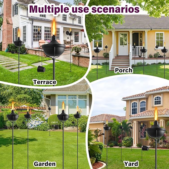 Home Garden Torch Set of 2, Outdoor Metal Torches with 5-Prong Grounded Stake, 56-Inch Adjustable Citronella Torches, 23.5 oz Metal Light for Patio, Pathway, Party (Ultra-Stable Design)