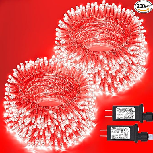 JMEXSUSS 2 Pack Red Valentine Lights Indoor, Each 100 LED Christmas String Lights with 8 Modes, Connectable Clear Wire Red LED Lights Outdoor Waterproof for Valentine's Day Bedroom Party Decorations