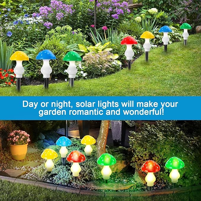 A Set of 12 PCS （Multicolor） New Upgraded Waterproof Solar Mushroom Lights Outdoor Decor,LED Fairy Lights, for Garden Lawn Flower Bed Channel Easter Pathway Halloween Xmas Decorations