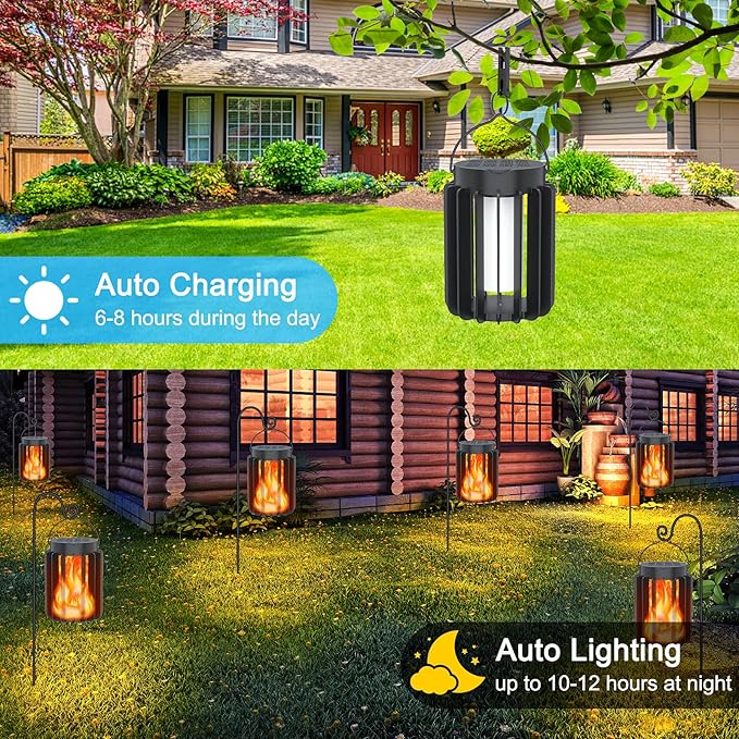 Solar Lantern Outdoor Lights 4 Pack, Upgraded Flickering Flame Solar Lanterns Lights Outdoor Waterproof, Hanging Lantern Decorative, Solar Powered Lanterns for Yard Patio Path Garden Decor