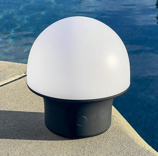 Brightech Portobello Cordless LED Touch Table Lamp - Small Dimmable Outdoor Mushroom Light for Camping & Side Tables - Modern Rechargeable Portable Bedside Light for Desk Bedroom, Nightstand - Black