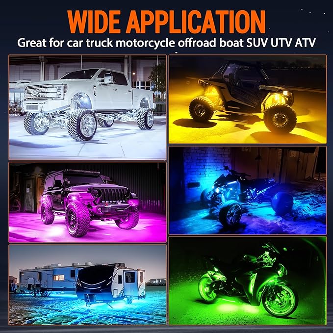 RGB Rock Lights, 16 pods Underglow Neon Lights Kits Remote Control & Music Mode Waterproof Wireless Multicolor Lamps for Off Road Truck SUV ATV UTV Boat