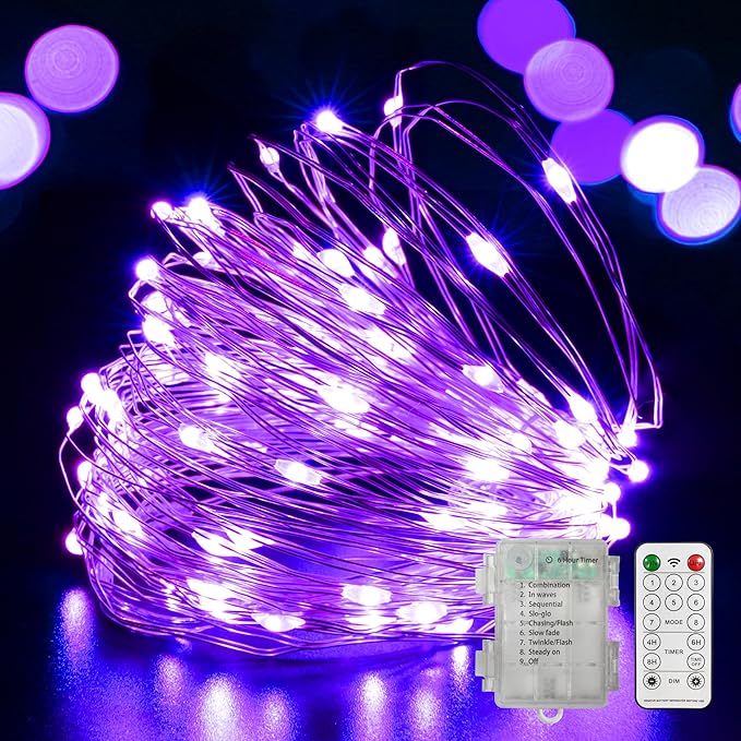 LAMPHOME Purple Fairy Lights, 100 LED 33ft Battery Operated Halloween Lights with Remote, 8 Modes Twinkle String Light for Halloween Thangksgiving Fall Tree Indoor Outdoor Decoration