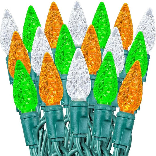 70 Light 24Ft St. Patrick’s Day Lights Commercial String Lights C6 LED Strawberry Faceted Bulb – Green/White/Orange, Green Wire, Indoor/Outdoor, Full Wave No Flicker, Connect 43 Sets
