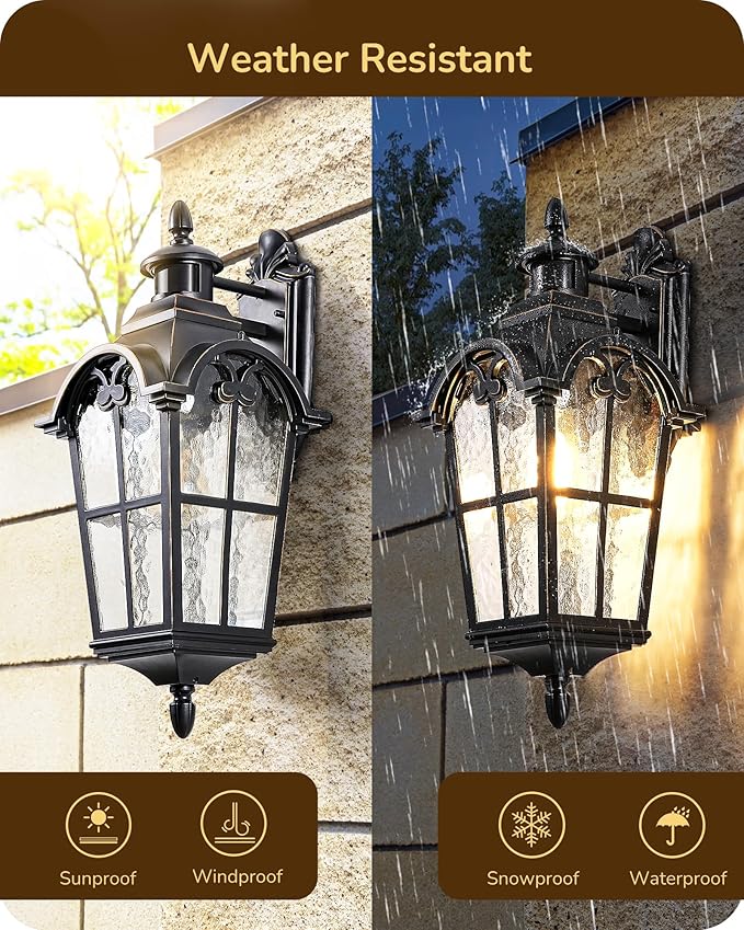 EDISHINE 20.2" Large Motion Sensor Outdoor Wall Lights, Dusk to Dawn Exterior Sconce with Water Ripple Glass, Waterproof Outside Porch Lighting Wall Mount Fixture for Front Door Garage