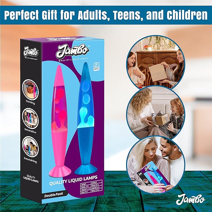 JAMBO 2 Pack- 16" Beautiful Lamp- Blue with Blue/White Wax and Purple with Pink Wax, Relaxing Liquid Lamp, Night Light Nightlight, Lamps for Adults Teens Kid
