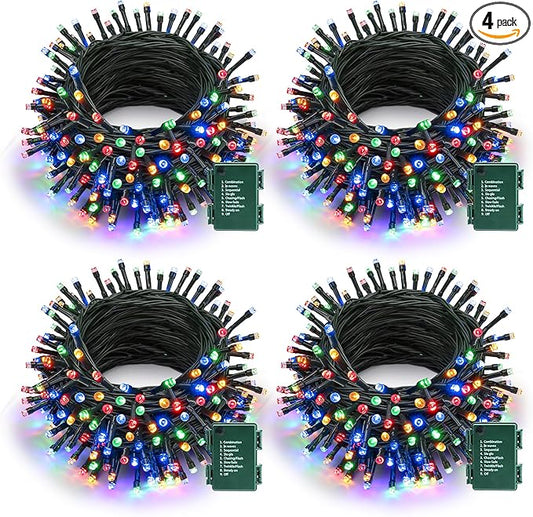 Battery Operated Christmas Lights - 4 Pack Total 66ft 200 LED Battery String Lights 8 Modes Waterproof with Timer for Home, Garden, Party, Holiday, Christmas Tree Decoration (Green Wire, Multicolor)