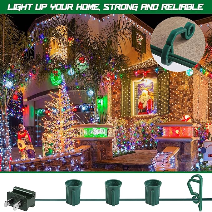 Fovths 100 Ft C9/E17 Christmas Light Sockets Set Outdoor UL Listed String Light Include 100 E17 Socket with 100 Clips, 10 Female Male Plug, Stringer Spool Christmas C9 Green Wire for Patio Event Decor