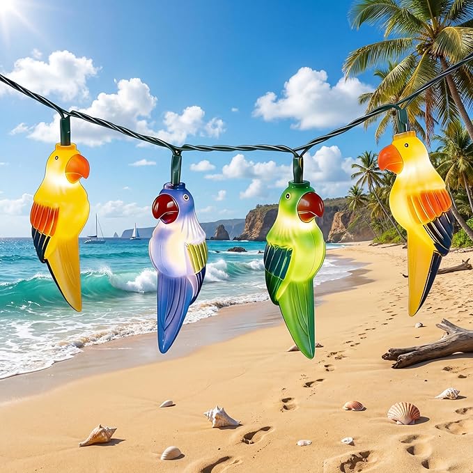 8.5Ft Parrot Outdoor String Lights, LED Tropical Themed Patio Lights with 10 Multicolor Birds Lights, Plug in Hanging Fairy String Lights for Backyard Summer Camp Window Decor Gift