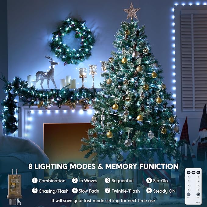 Joiedomi 1200 LED Christmas String Lights Outdoor,394 FT Cool White Fairy Light with Remote 8 Modes Timer, Plug in PVC Clear Wire Lighting Decor with Reel for Indoor Dorm Classroom Bedroom Holiday
