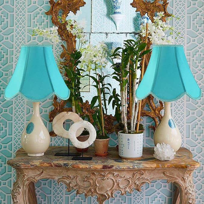 GO&SO Bell Lamp Shades Set of 2 Teal Lamp Shade -6x13x10.6" (Spider) Barrel Lamp Shades for Table Lamps,Floor Lamp,Fabric Replacement Lampshades Hand Crafted -Petal Edge Braid Design -Easy Assembly