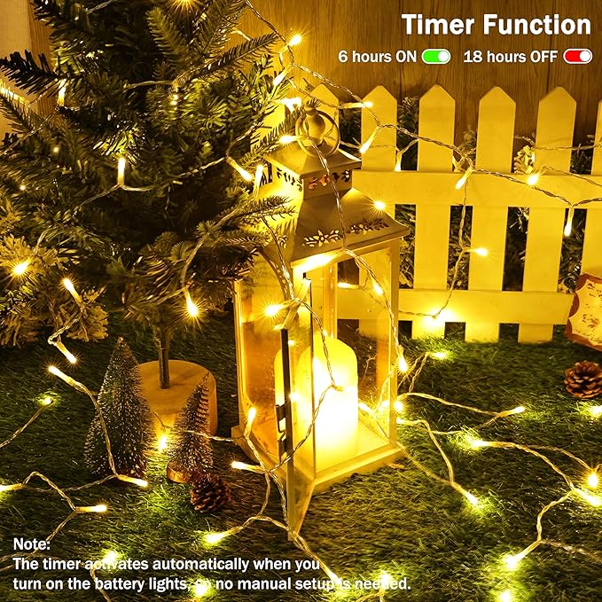 Lomotech Battery Operated Christmas Lights - 4 Pack Total 66ft 200LEDs String Lights 8 Modes Waterproof with Timer for Home, Garden, Party, Holiday, Tree Decoration (Clear Wire, Warm White)