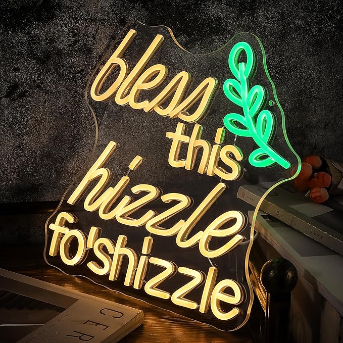 Bless This Hizzle Fo' Shizzle Neon Lights Warm White Letters LED Lamp Funny Humor Light up Farmhouse Rustic Decorations for Home Porch Living Room Office Decor