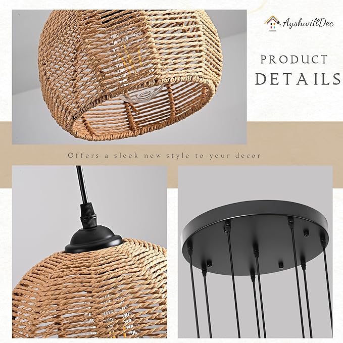 8-Light Woven Foyer Chandeliers for High Ceiling H100",8 Dome Boho Rattan Pendant Lights Farmhouse Ceiling Light,rustic Hemp rope Light Fixture For Living Room Hallway Staircase Entryway (Bulb Incl.