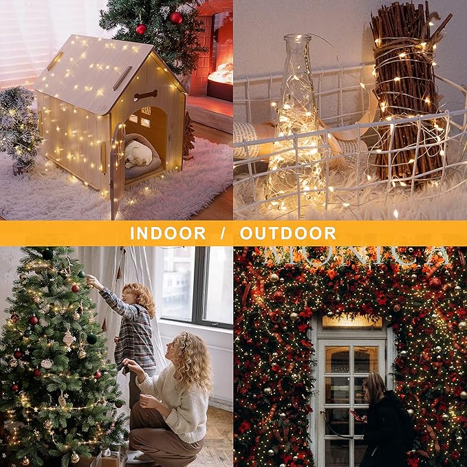 2 Pack 33ft 100 LED Solar Copper String Lights,8 Modes Christmas Fairy Lights Waterproof IP65 Twinkle Lighting Indoor Outdoor Fairy Firefly Light Auto ON/Off (Warm White)