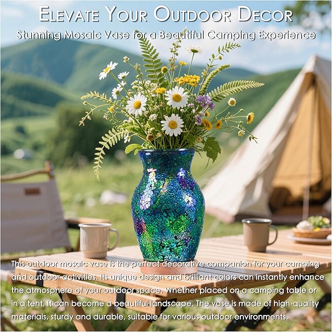 8-Inch Handcrafted Mosaic Cracked-Ice Vase Bedside Lamp with USB-Powered LED Wooden Base,Single-Switch Auto-Cycle RGB Mood Light, Purple-Green Vase USB Night Light for Party,Camping Decor