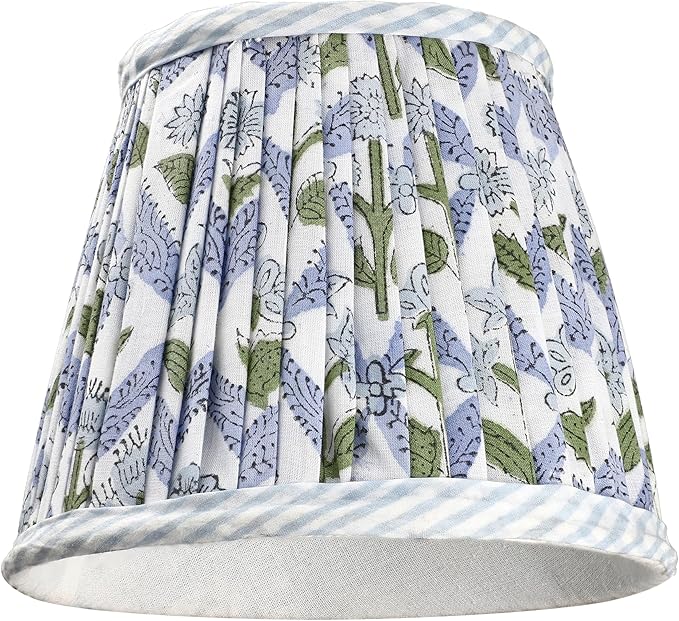 Ridhi Block Print Light Steel Blue Lamp Shade 4" Top x 5" Bottom x 6" Slant Handmade Pleated Cotton Lampshade, Fits E26/E27 Base Table Lamps Boho Vintage Decorative For Bedroom, Living Room