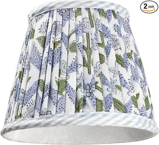 Ridhi Block Print Light Steel Blue Lamp Shade 4" Top x 5" Bottom x 6" Slant Set of 2 Handmade Pleated Cotton Lampshade, Fits E26/E27 Base Table Lamps Boho Vintage Decorative For Bedroom, Living Room