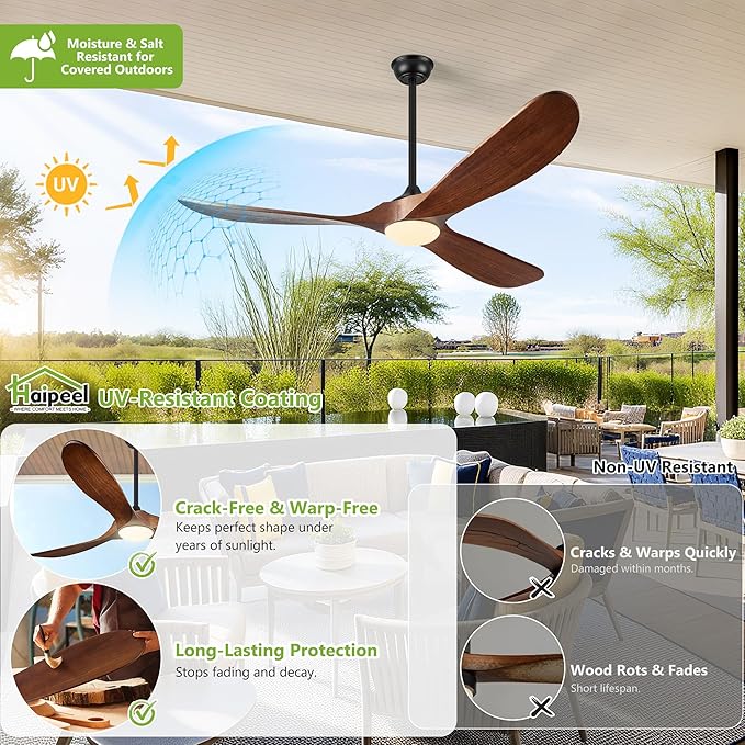 Haipeel 52 Inch Outdoor Ceiling Fans with Lights, Propeller Solid Wood Ceiling Fan with Light and Remote Control 3 Blades Outdoor Fans Quiet for Patios Farmhouse Bedroom, Dark Walnut