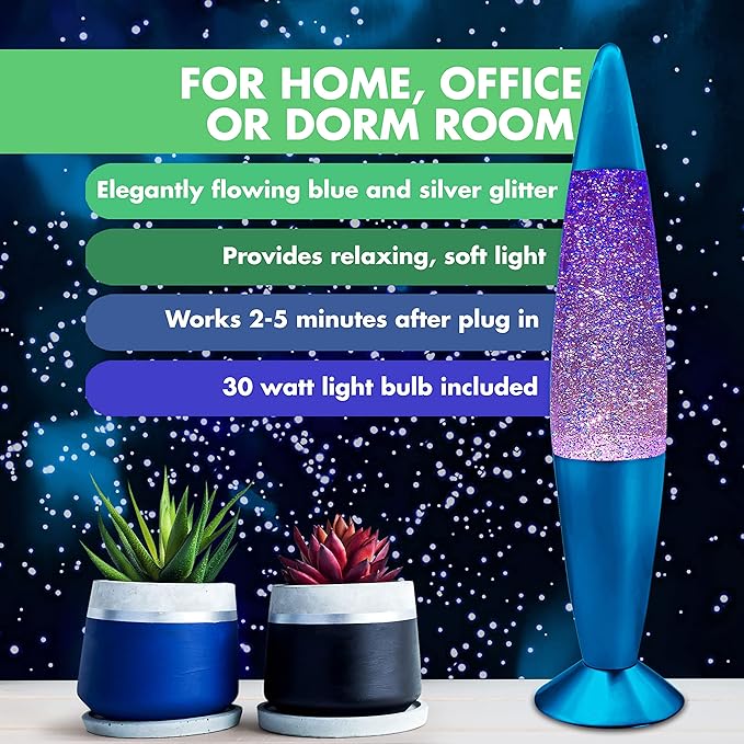 JAMBO 16" Beautiful Blue and Silver Glitter Lamp- Relaxing Mood Lighting, Night Light Nightlight, Home Decor Living Room Office Bedroom Lamp for Adults Teens Kids Glitter