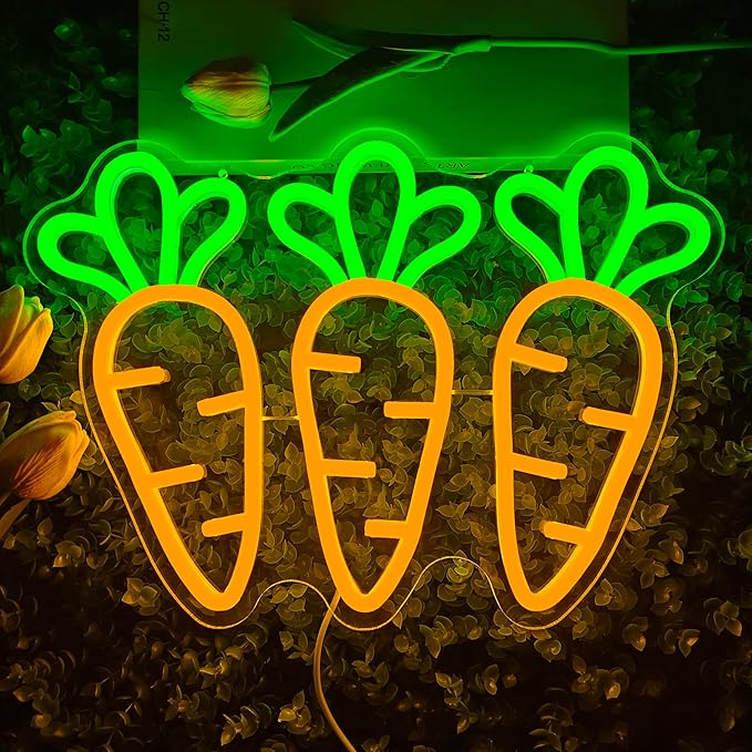 Carrot Neon Sign for Wall Decor Easter Led Sign Three Carrot Neon Light Easter Decorations Vegetable Shop Light Up Signs for Spring Bar Home Holiday Party Window Gifts Business Coffee Garden