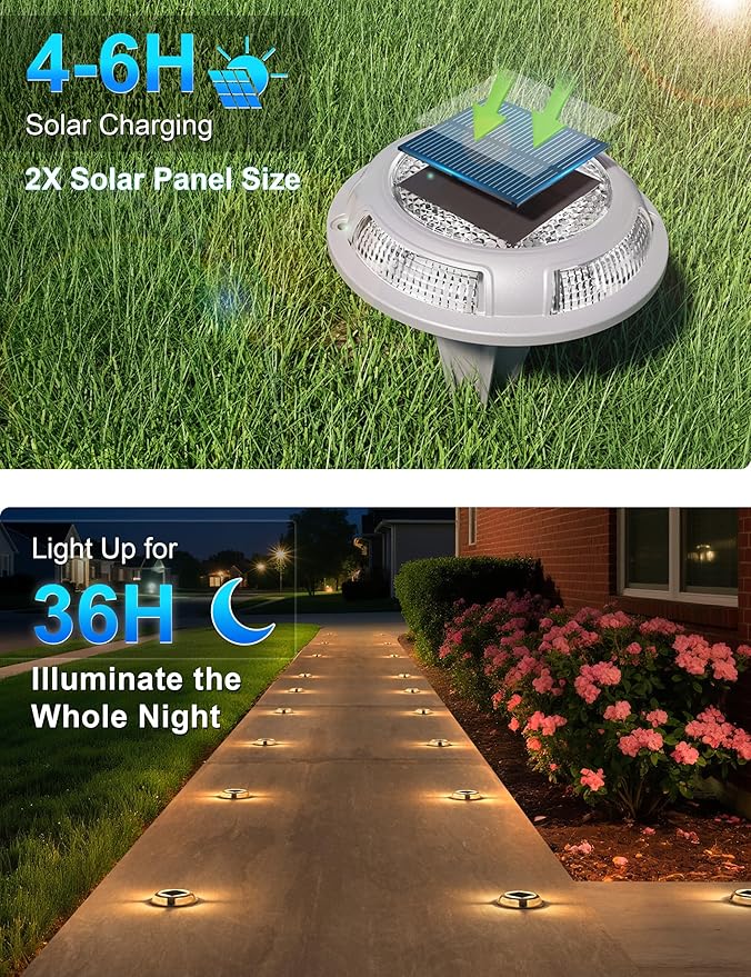 VOLISUN Solar Driveway & Deck Lights 12 Pack Waterproof Dock & Marine Ground Lights,2-in-1 Warm White & White LED,Solar Marker for Pathways,Steps,and Warning Signs,Auto On/Off