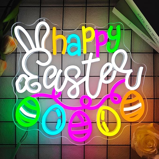 Happy Easter Neon Sign Dimmable Flashing Easter Eggs Led Sign Bunny Shape Spring Neon Light Multicolor Eggs Neon Window Lights for Party Home Decor
