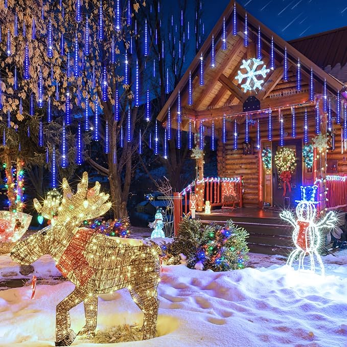 KNONEW Christmas Lights Outdoor, 15 inch 24 Tubes 672 LED Meteor Shower Lights Plug in Waterproof Falling Rain Light for Xmas Tree Wedding Party Garden Holiday Rooftop Decorations (Blue)