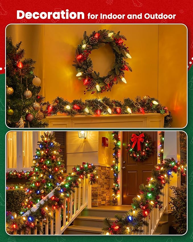 Brightown C9 Light Strand, 50FT White Cord Outdoor String Lights Christmas Stringer with 12" Socket Spacing, C9/E17 Intermediate Base Indoor/Outdoor Stringer Set for Christmas Decor Patio