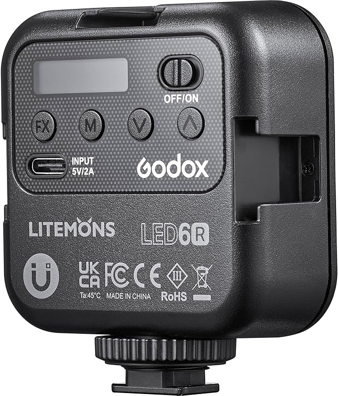 Godox Litemons RGB Pocket-Size LED Video Light, 3200–6500K CCT, RGB Color Modes, Built-in Battery, Magnetic Mount, Stackable Design (LED6R)