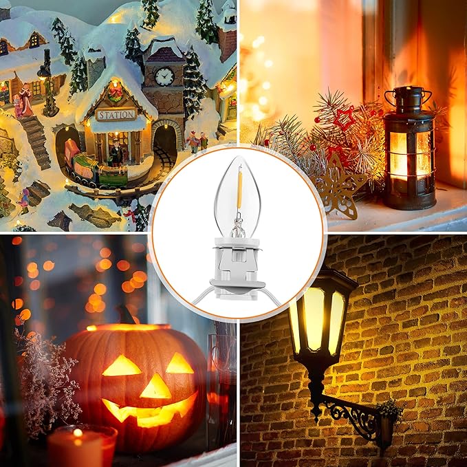 Meonum Christmas Village Lights Cord with Dimmer, C7 LED Lights with 2 Spare Fuse & 9 LED Bulb, Blow Mold Light Cord for Christmas Houses Villages, Holiday Craft Decorations, Night Light(White)