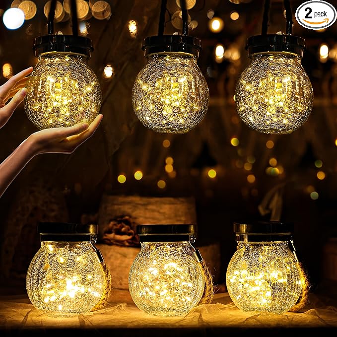 Cooo Gifts for her him 2 Pack Solar Lanterns Outdoor Waterproof Heavy Crackle Glass 30 LED Warm Firefly Lights Stainless Steel Lid 215% Solar for Women Mom Grandma Outdoor Lamps Garden Yard Decor