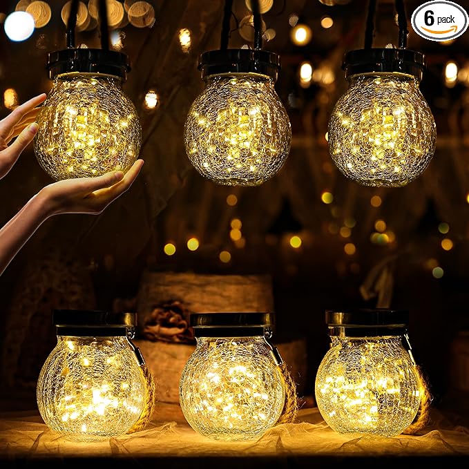 Cooo 6 Pack Gifts for Him Her Solar Lanterns Outdoor Waterproof Heavy Crackle Glass 30 LED Warm Firefly Lights Solar for Women Mom Grandma Outdoor Table Lamps Garden Yard Decor