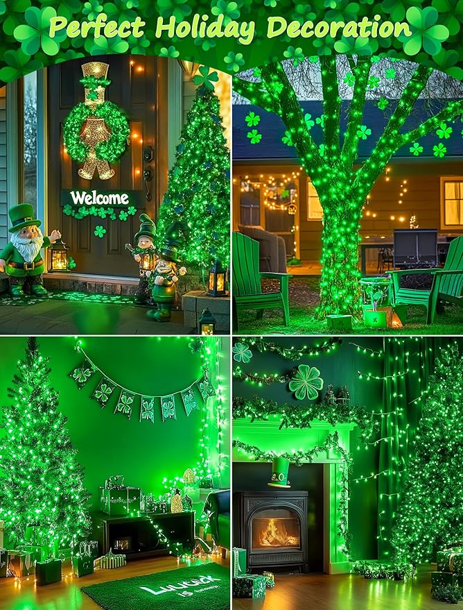 Hopolon St. Patrick's Day String Lights,2 Pack 13FT 50Count Green Mini Lights White Wire,Incandescent Christmas Tree Lights Connectable for Indoor Outdoor Holiday Patio Party Home Decorations