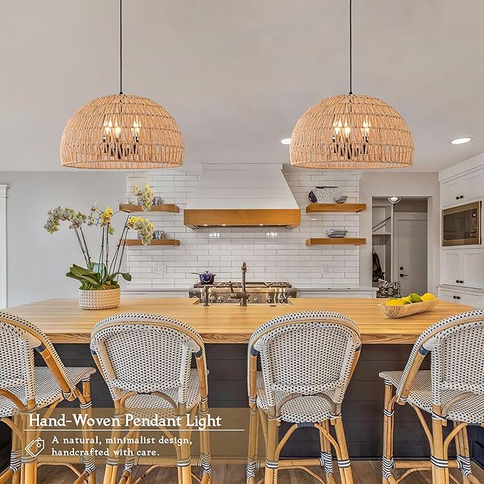 17.6 inch Hemp Rope Woven Pendant Light Wicker Pendant Light 3-light Rattan Light Fixture Boho Chandelier Farmhouse Chandelier Dome Pendants Light for Dining Room Bedroom Kitchen(Bulb Incl