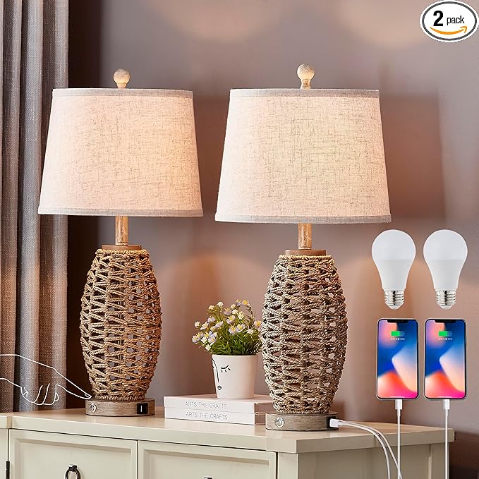 27” Natural Rattan Table Lamps Set of 2,Touch Switch,3-Way Dimmable Bedside Lamps, with A+C USB Charging Ports,Oatmeal Lampshade,Farmhouse Table Lamp for Bedroom, Living Room(2 Bulbs Included)