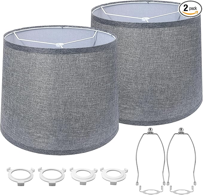 2 Pcs Lamp Shades with Harp, Modern Linen Drum Lamp Shade 11.4" Top x 12.6" Bottom x 9.8" High Lampshade Replacement for Table & Bedside Lamp, Grey