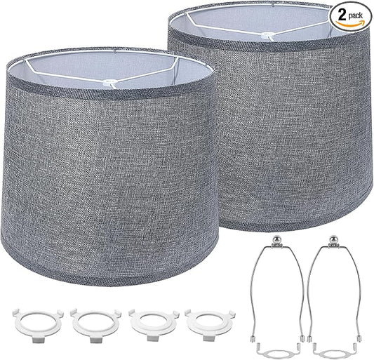 2 Pcs Lamp Shades with Harp, Modern Linen Drum Lamp Shade 11.4" Top x 12.6" Bottom x 9.8" High Lampshade Replacement for Table & Bedside Lamp, Grey