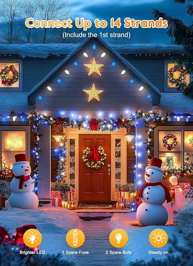 Vintage C9 LED Christmas Lights Outdoor, 100 Feet C9 String Lights with 50 Shatterproof C9 Bulbs, Waterproof Connectable Christmas Tree Lights for Outside Roofline Patio Xmas Decor, Blue & Pure White