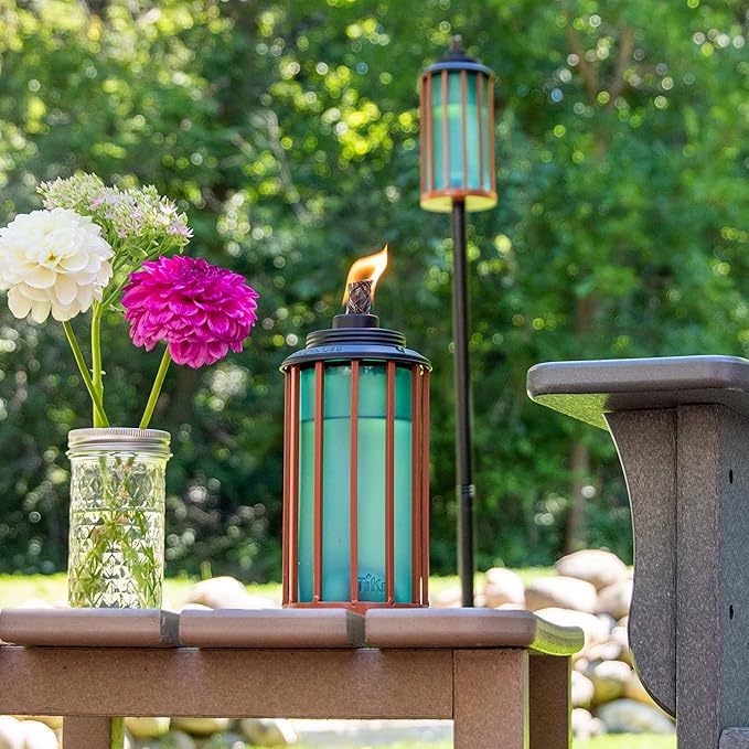 TIKI 2-Pack Retro Stripe Glass Torches, 65-Inch Outdoor Decorative Torches for Patio, Backyard & Garden, Easy Install with Refillable Canister, Long-Lasting Wick & Snuffer, Blue & Copper