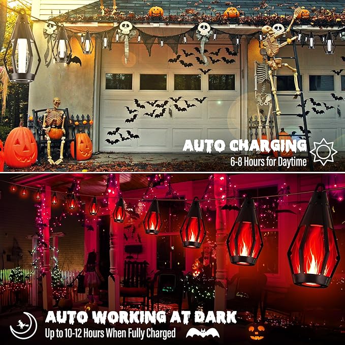 iBaycon Solar Halloween Lights, 27Ft 10 LED Bulbs Flickering Flame String Light, Outdoor Waterproof Solar Flame Lights for Garden Yard Patio Halloween Decorations (Red)