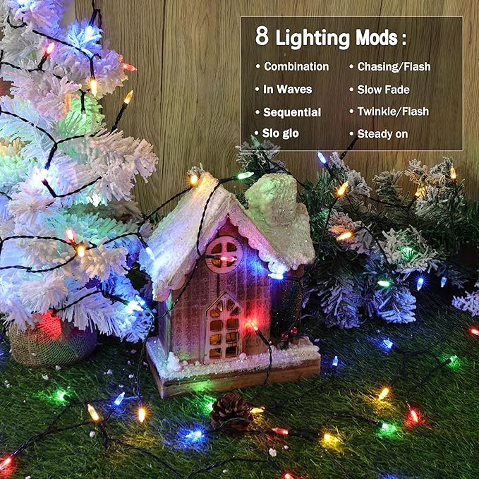 Lomotech Battery Operated Christmas Lights - 4 Pack Total 66ft 200LEDs Mini String Lights 8 Modes Waterproof with Timer for Home, Garden, Party, Holiday, Tree Decoration （Green Wire,Multicolor）