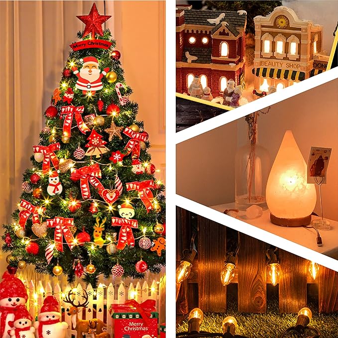 C7 String Bulbs Christmas Village Light Accessory Cord 5 Base with 5 LED Light Bulb Universal Clip White Cord with On/Off Spare Fuse Switch Plugs for Decorations Christmas Village House