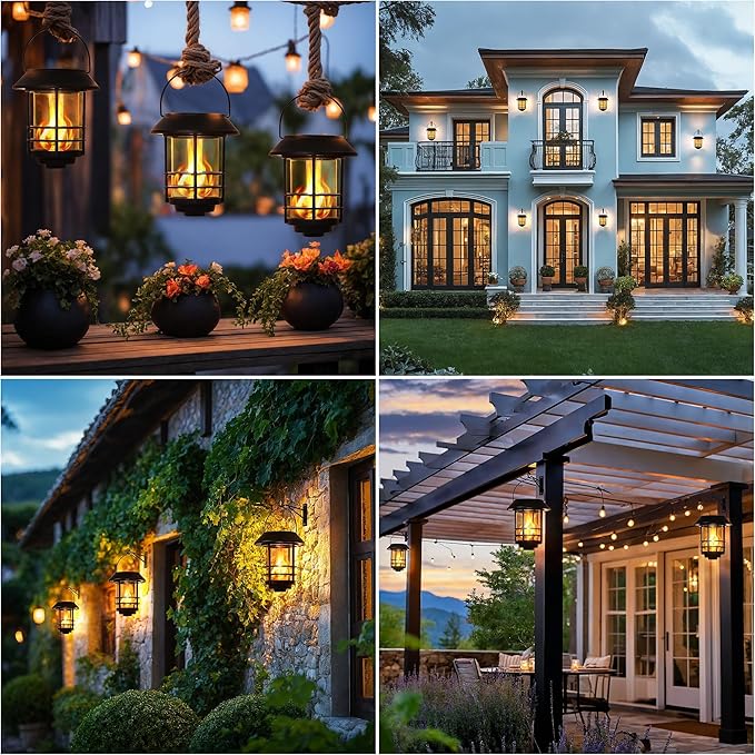 Otdair Solar Lanterns Outdoor Waterproof, 4 Pack Flickering Flames Wall Garden Decor with Glass Shade, Hanging Solar Lights Wall Mount Decorations for Halloween, Front Porch, Patio, Yard