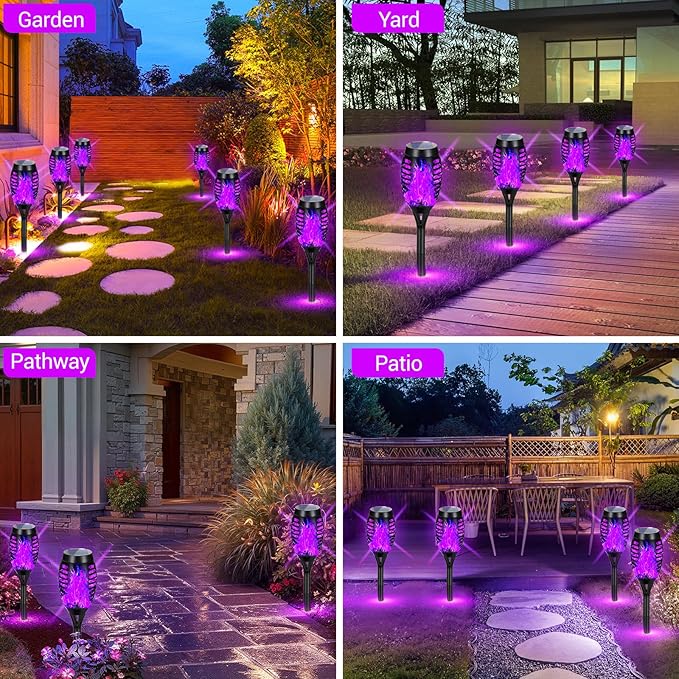 Solar Lights Outdoor Halloween Decorations, Upgraded 16 Pack Purple Solar Torch Lights with Flickering Flame, Waterproof Halloween Lights Outdoor, Tiki Torches for Outside Patio Pathway Decor