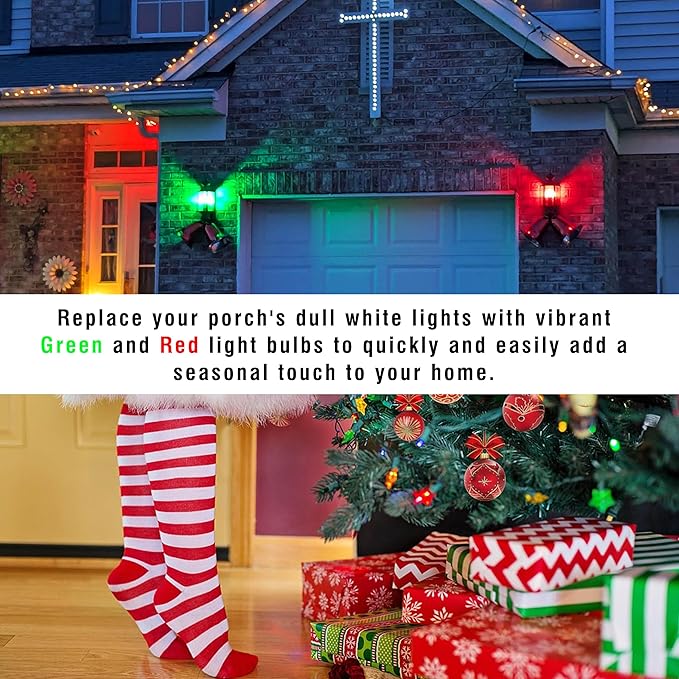 Red Green Light Bulbs 25w-40w Equivalent, 120V 3W Christmas Light Bulb, E26 Red Light Bulbs Green Light Bulb for Christmas Halloween Holiday Party Wedding Porch Decoration, Non-Dimmable (1Red+1Green)