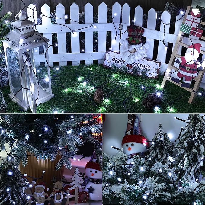Lomotech Battery Operated Christmas Lights - 4 Pack Total 66ft 200LEDs String Lights 8 Modes Waterproof with Timer for Home, Garden, Party, Holiday, Tree Decoration (Green Wire, White）