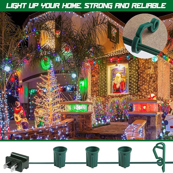 Fovths 500 Ft C9/E17 Christmas Light Sockets Set Outdoor UL Listed String Light Include 500 E17 Socket with 100 Clips, 40 Female Male Plug, Stringer Spool Christmas C9 Green Wire for Patio Event Decor
