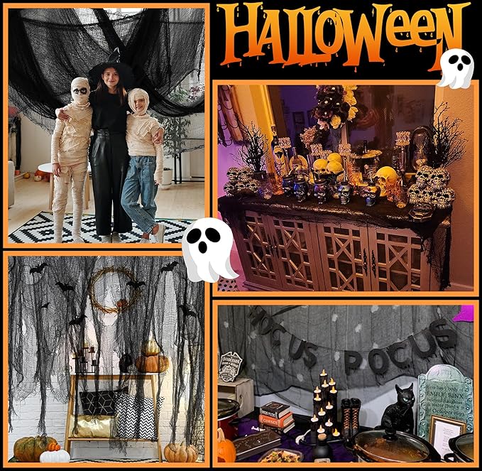 200" x 59" Halloween Spooky Cloth - Black Creepy Spooky Halloween Decorations - Large Size Scary Creepy Gauze for Halloween Party Supplies Stairway Window Table Doorways Decor