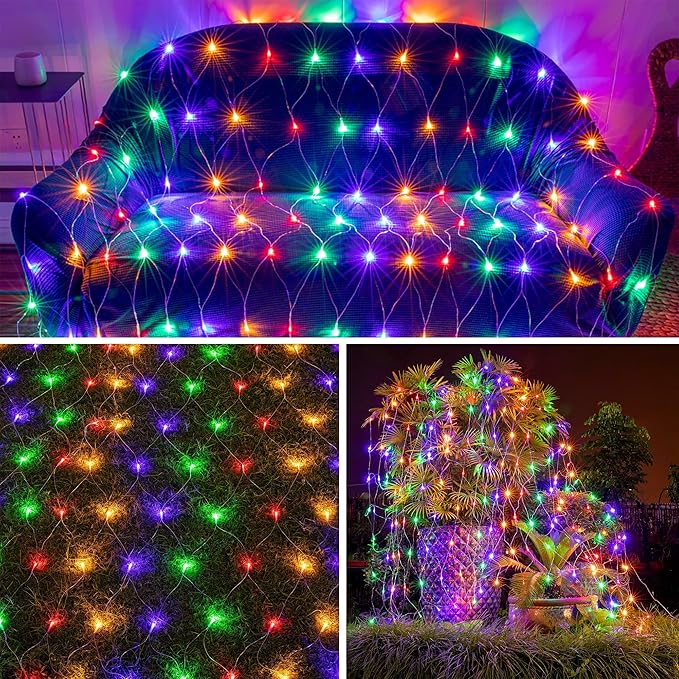 weillsnow 198 Led 9.8ft x 6.6ft 198 LED Net Lights, Connectable 8 Lighting Twinkle Modes Mesh Lights for Christmas Outdoor Patio Garden Bush Fence Decorations (Multi-Colored)